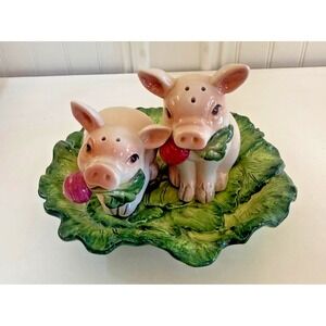 Fitz And Floyd Pig Salt Pepper Shakers Leaf Cabbage Tray Ceramic Decor